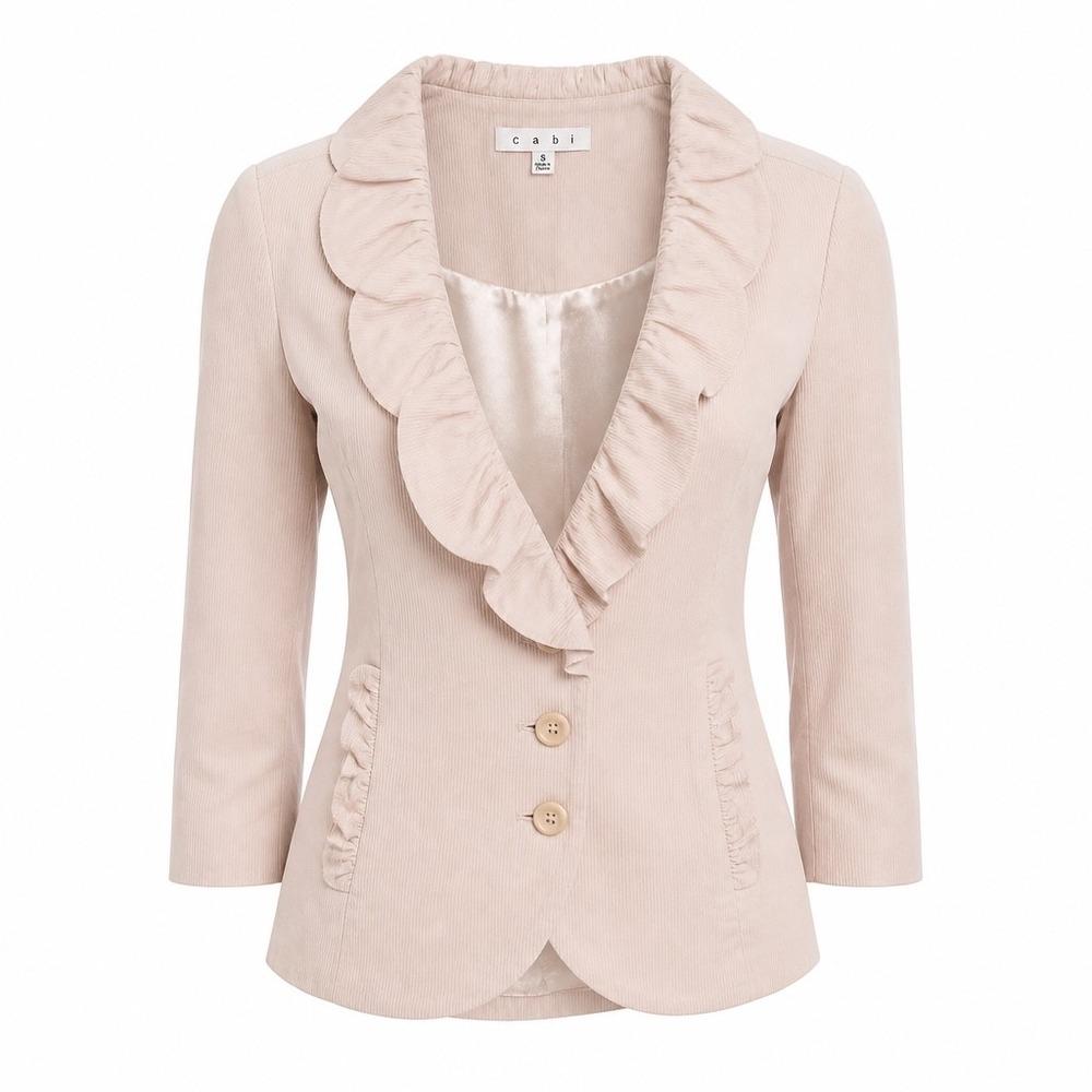 CAbi Ruffle Blazer Jacket Size 10 Blush Beige Peplum Career Metallic Style 400